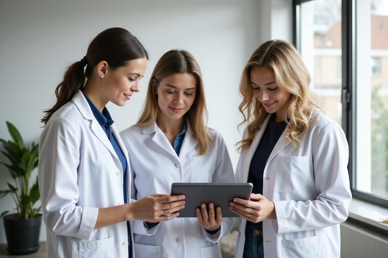 Team di nutrizionisti che collaborano in un ambiente moderno e luminoso, mostrando lavoro di squadra e professionalità.