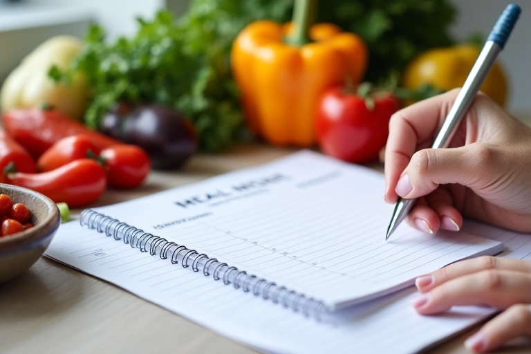 Persona che scrive in un taccuino con uno schema di dieta e alimenti sani sullo sfondo