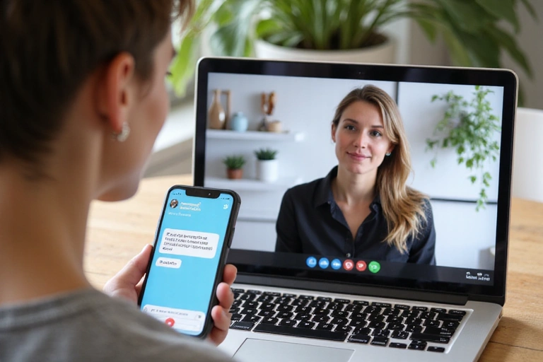 Persona che riceve supporto online da un nutrizionista tramite laptop e smartphone