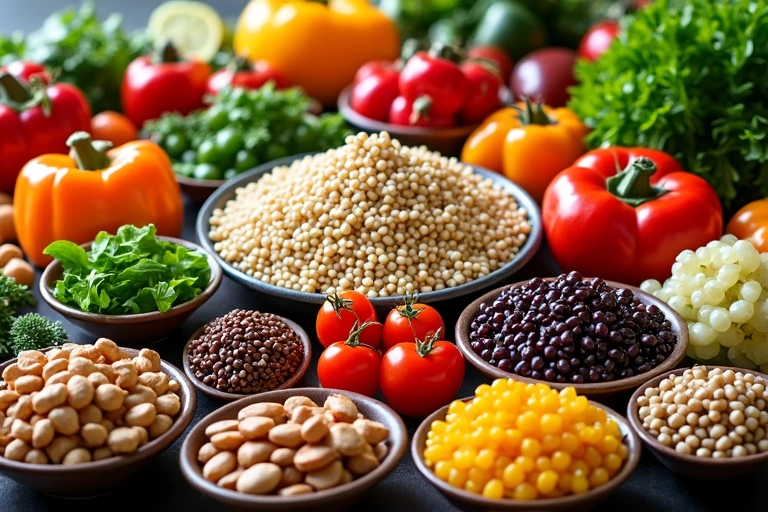 Tavolo pieno di cibi vegetariani e vegani freschi e colorati